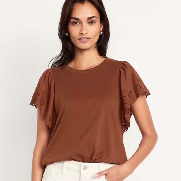 NEW WOMENS OLD NAVY Cutwork-Sleeve Mixed Fabric Top CHESTNUT BROWN SMALL TALL - Picture 1 of 3